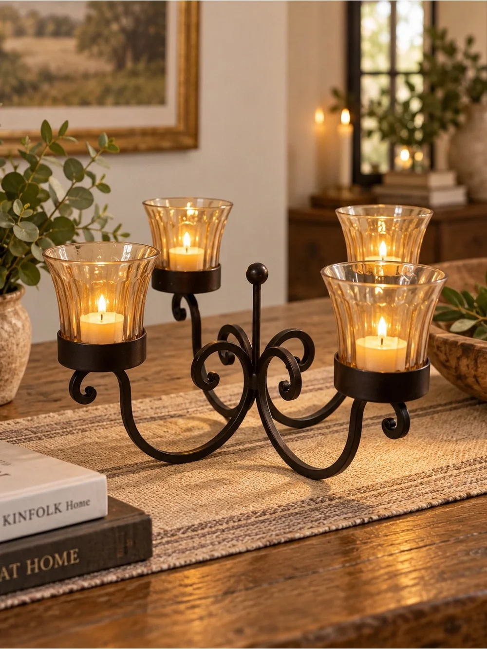 4 Arm Amber Glass Votive Candle Holder Scroll Metal Candelabra Tuscan Decor